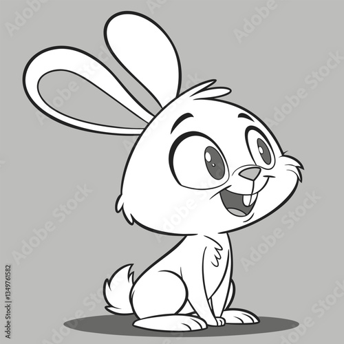 A cute cartoon bunny happily holding an Easter egg, with a big smile and fun, colorful spring vibe, perfect for a joyful holiday illustration