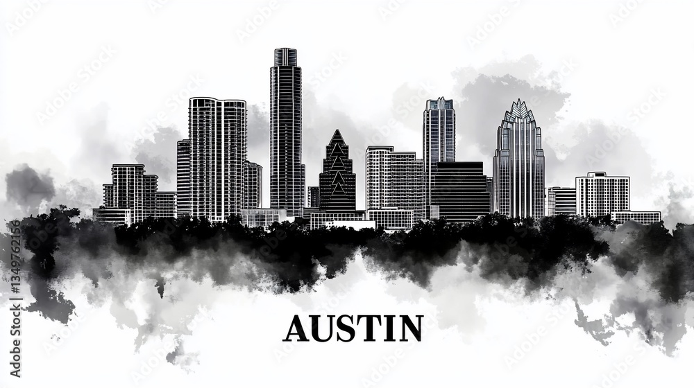 Naklejka premium Austin Skyline Watercolor, Cityscape, Texas, Urban, Background