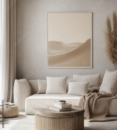 Beige desert landscape print in minimalist living room.