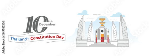 Thailand Constitution Day, Democracy Monument of Thailand cartoon illustration with Thai flag. Celebrated on December 10th. Flat vector style.