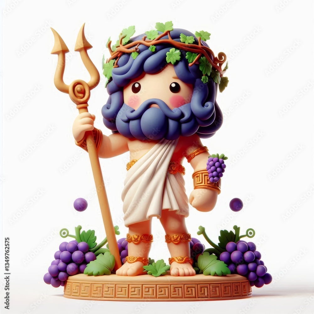 Fototapeta premium Adorable 3D render of a kawaii Dionysus figure amidst grapevines and grapes