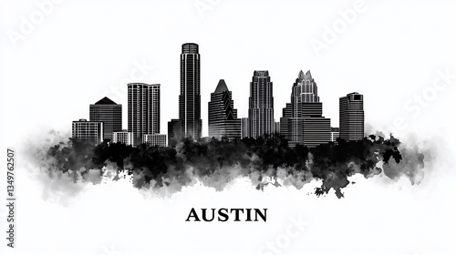 Austin skyline watercolor, Texas cityscape, urban background, print design