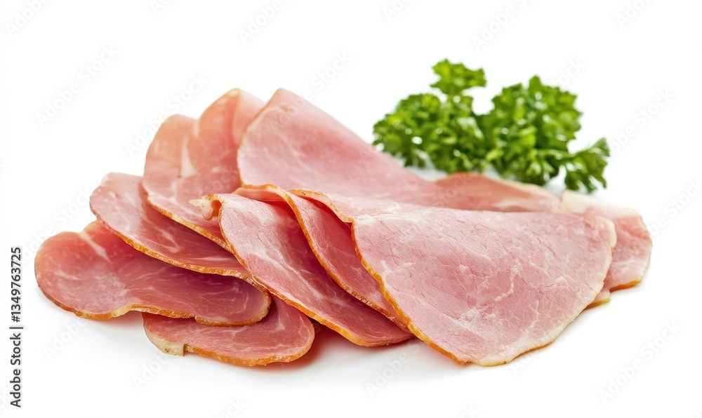 Slices of Tender Ham Garnished with Fresh Parsley on a Clean White Background for Culinary or Food Photography Slices of Tender Ham Garnished with Fresh Parsley on a Clean White Background for Culinary or Food Photography