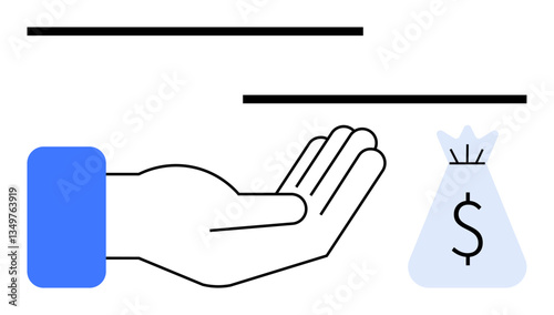 Outstretched hand reaching toward a money bag symbolizing receiving aid, payment, donation, or growth. Ideal for finance, business, charity, investment savings economy and income concepts. Flat
