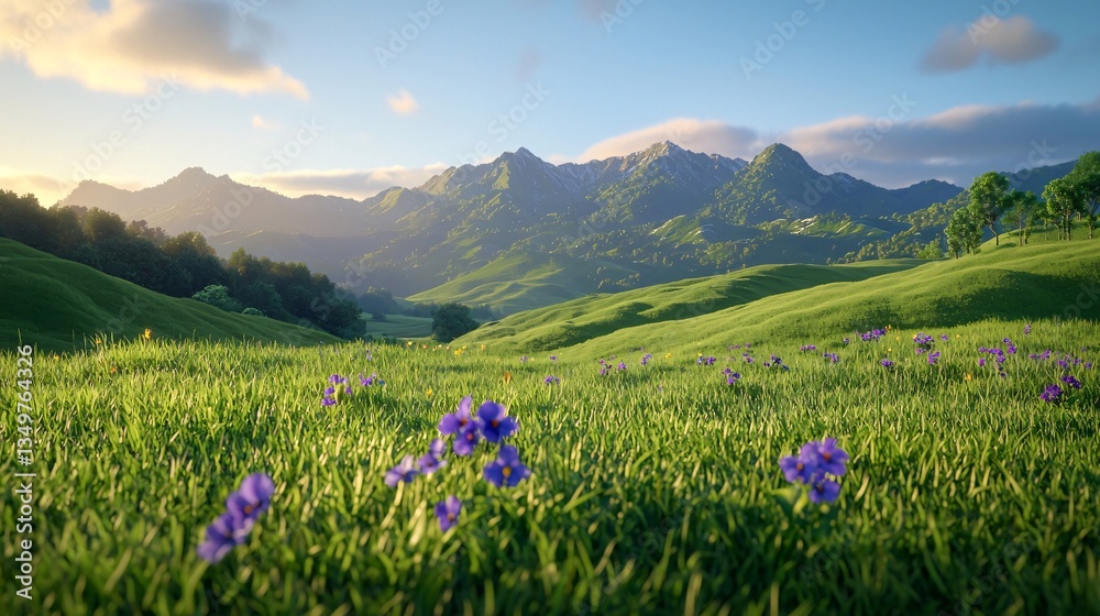 Fototapeta premium Serene Mountain Meadow at Sunrise