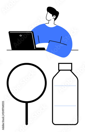 Person using a laptop paired with a magnifying glass and water bottle. Ideal for productivity, research, hydration, focus, workplace balance, minimalism, and self-care. Flat simple metaphor