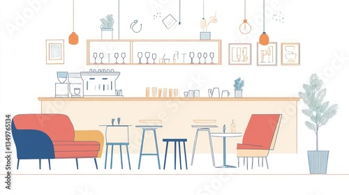 Modern cafe interior design, light fixtures, furniture, and seating area.  Possible use Stock photo for interior design inspiration