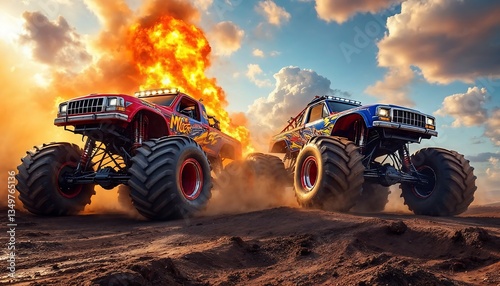 Monster Trucks Racing Sunset Dramatic Action Scene