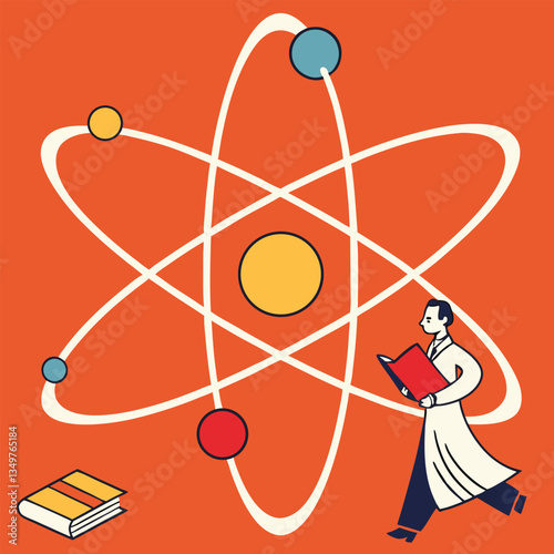 3D Atom Symbol on Dark Background with Electrons Orbiting