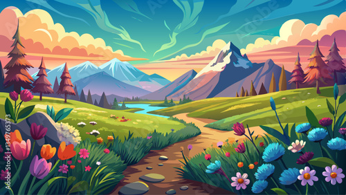 Artistic concept of painting a beautiful landscape of wild nature, with flowery meadows in the background. Tender and dreamy design, background illustration