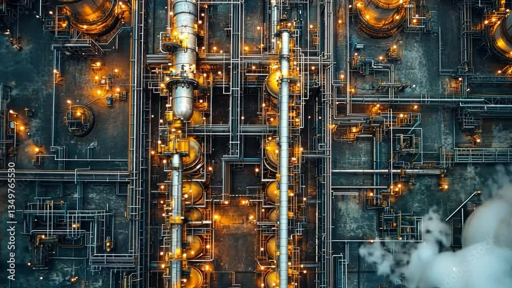 Industrial Complex at Night: Overhead view of an imposing industrial complex at night, revealing a network of pipes, lights, and structures. Industrial Complex at Night: Overhead view of an imposing industrial complex at night, revealing a network of pipes, lights, and structures.