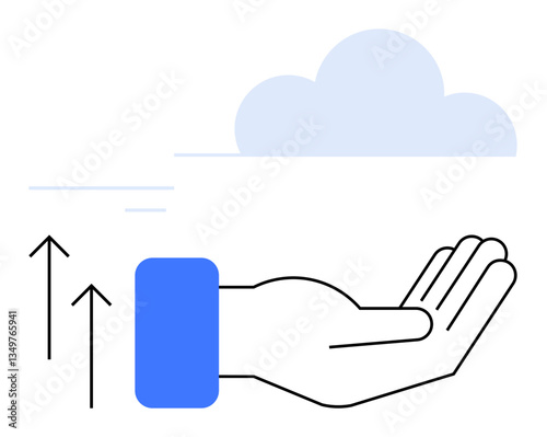 Open hand uplifted with arrows pointing up and a cloud above. Represents progress, support, growth, sustainability, innovation, technology, and opportunity. Ideal for business technology
