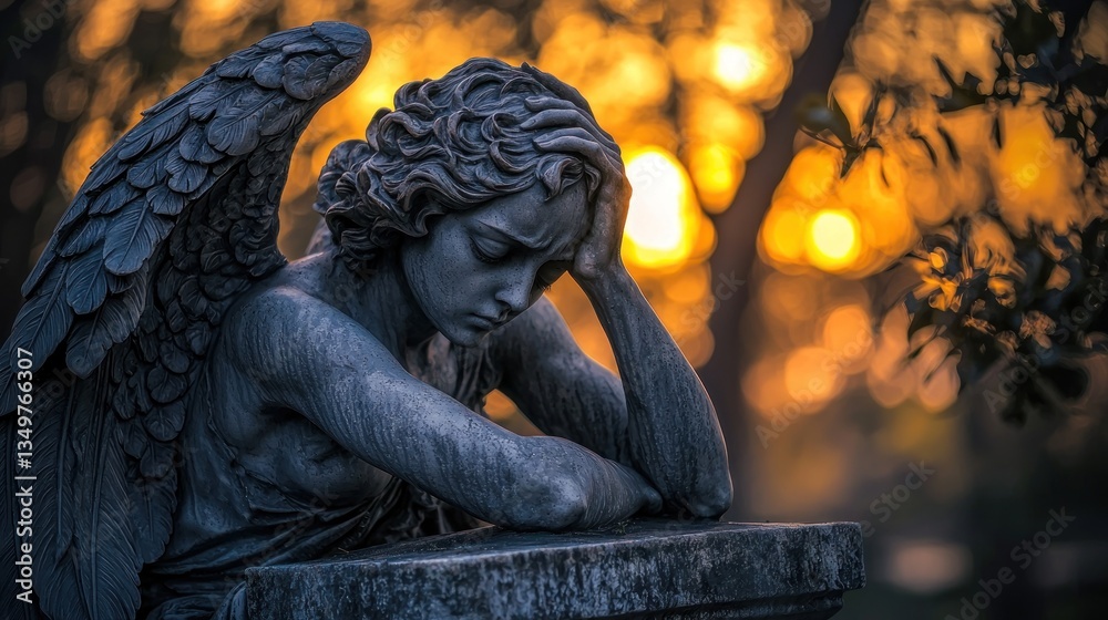 Fototapeta premium A Grieving Angel at Sunset: A Sculpture of Sorrow and Serenity