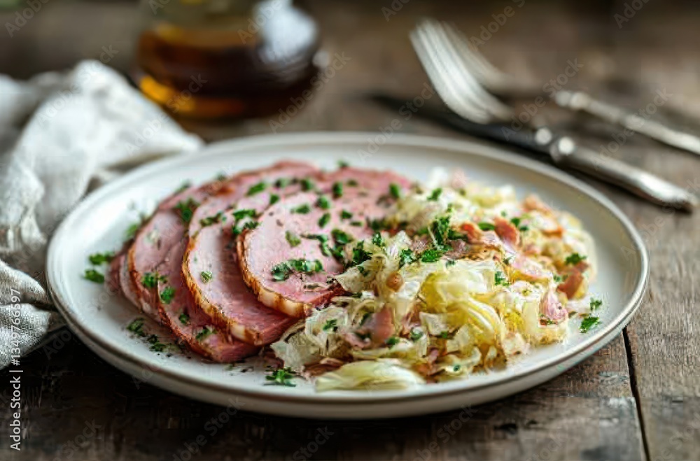 Tender slices of ham served with savory sautéed cabbage and fresh parsley on a rustic wooden table, ideal for gourmet food photography and meal inspiration Tender slices of ham served with savory sautéed cabbage and fresh parsley on a rustic wooden table, ideal for gourmet food photography and meal inspiration