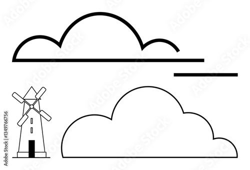Windmill with blades near two abstract cloud designs and a horizontal line. Ideal for concepts thumbs up simplicity, nature, farming, energy, sustainability, minimalism, and weather. Flat simple