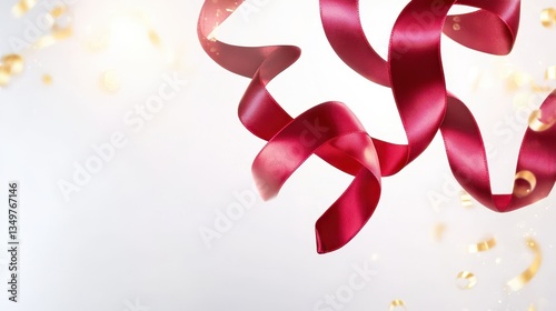 Red Ribbon Curls Amidst Sparkles And Confetti, Abstract