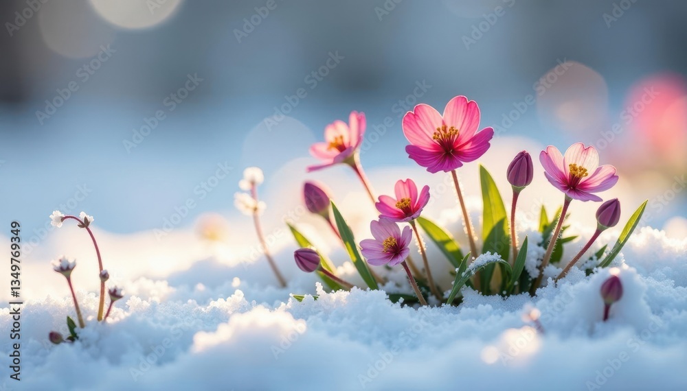 Dainty wildflowers amidst snow-covered terrain, winter flowers, botanical Dainty wildflowers amidst snow-covered terrain, winter flowers, botanical