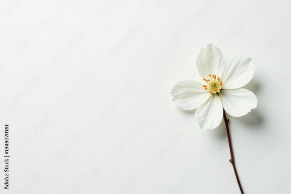 Fototapeta premium Delicate white flower blossom against pure white background, botany, texture, serene