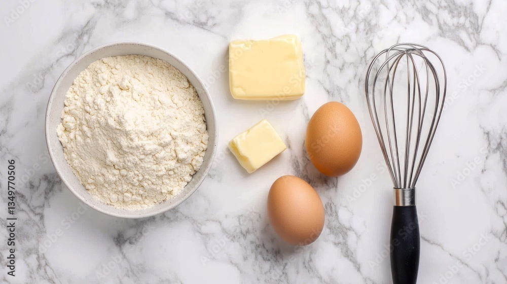 Baking ingredients arranged on marble countertop