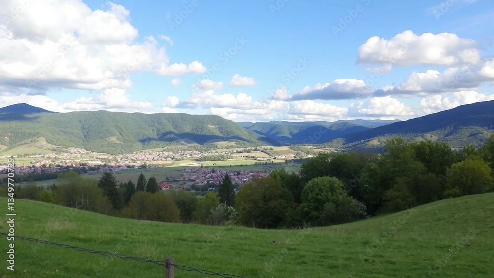 Fototapeta premium Malerische Landschaft mit grünen Hügeln, Dorf im Tal und blauem Himmel mit Wolken, ideal für Natur- und Reisedesigns.