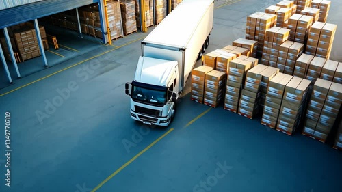 Commercial white delivery truck parked at a warehouse dock surrounded by stacked cardboard boxes ready for transport.
