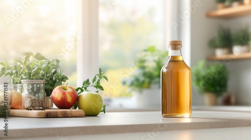 Apple cider vinegar bottle on kitchen counter photo