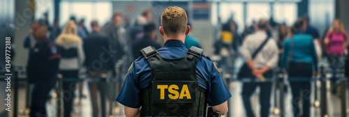 A TSA officer stands watch at a busy airport security checkpoint, monitoring travelers as they pass through screening.