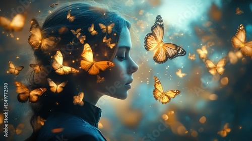 Girl, butterflies, forest, magical, serene, fantasy, nature, peace