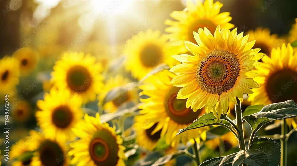 Bright sunflowers blooming in a vibrant field during golden hour in late summer Bright sunflowers blooming in a vibrant field during golden hour in late summer