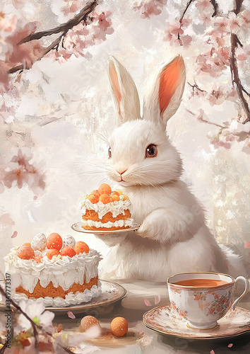 Osterhase mit Kaffee und Kuchen,  Aquarell, generative AI