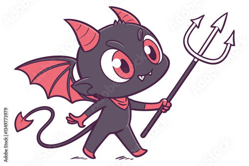 30 Cute cartoon devil, chibi style, big red eyes, black silhouette, tiny horns, bat wings, trident, curly tail, white background, minimalist design, kawaii demon, playful character, dark fantasy, vect