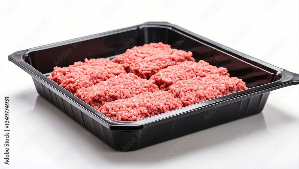 Fresh Raw Minced Meat in a Black Plastic Tray Isolated on a White Background - A Must-Have for Cooking Fresh Raw Minced Meat in a Black Plastic Tray Isolated on a White Background - A Must-Have for Cooking