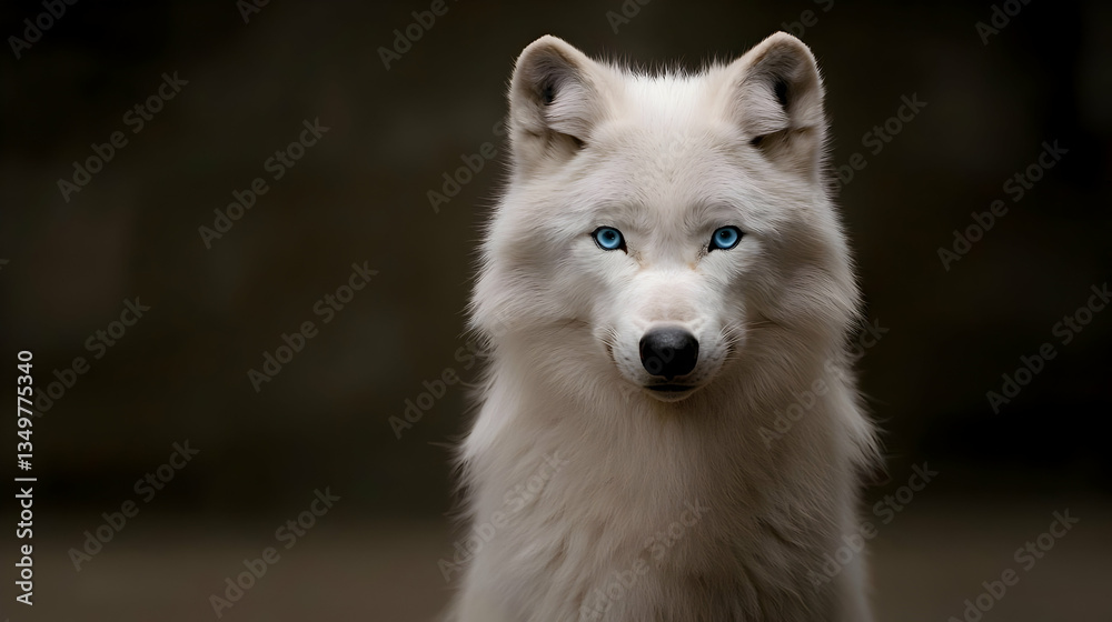 Obraz premium Closeup Portrait Of A White Wolf With Blue Eyes Against Dark Background