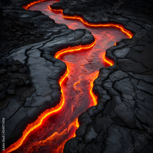 Lava Flow Illuminating a Dark Volcanic Landscape

