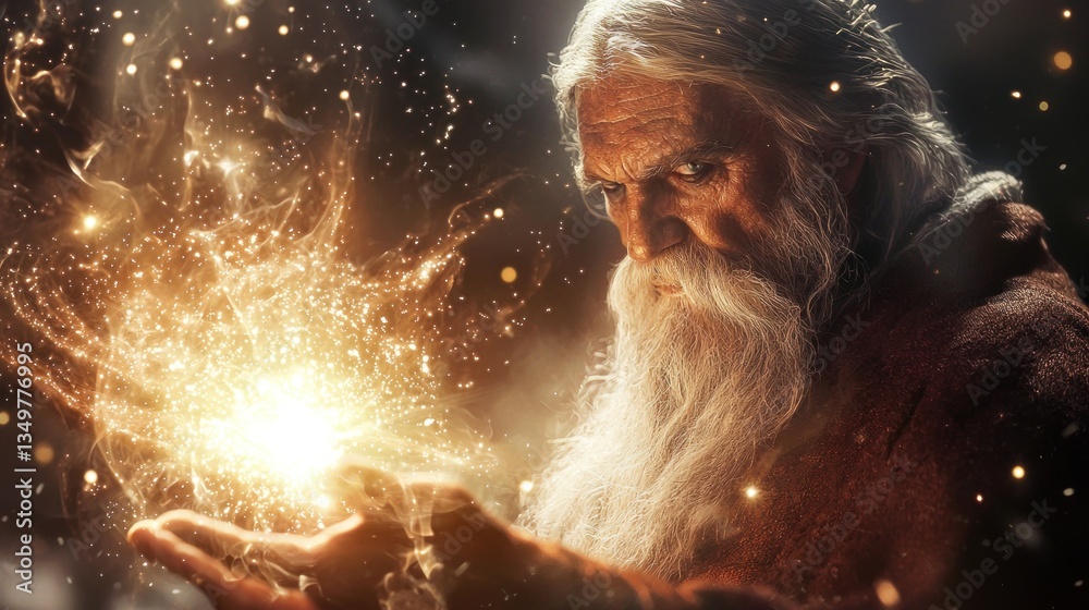 Fototapeta premium Ancient Wizard Conjuring Light, Mystical Energy, Fantasy Portrait
