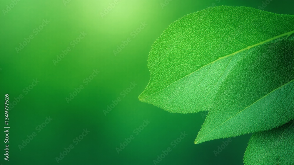 Obraz premium Close-up of three fresh green leaves with prominent veins against a blurred green background, highlighting natural beauty, intricate details, and the vibrancy of nature.