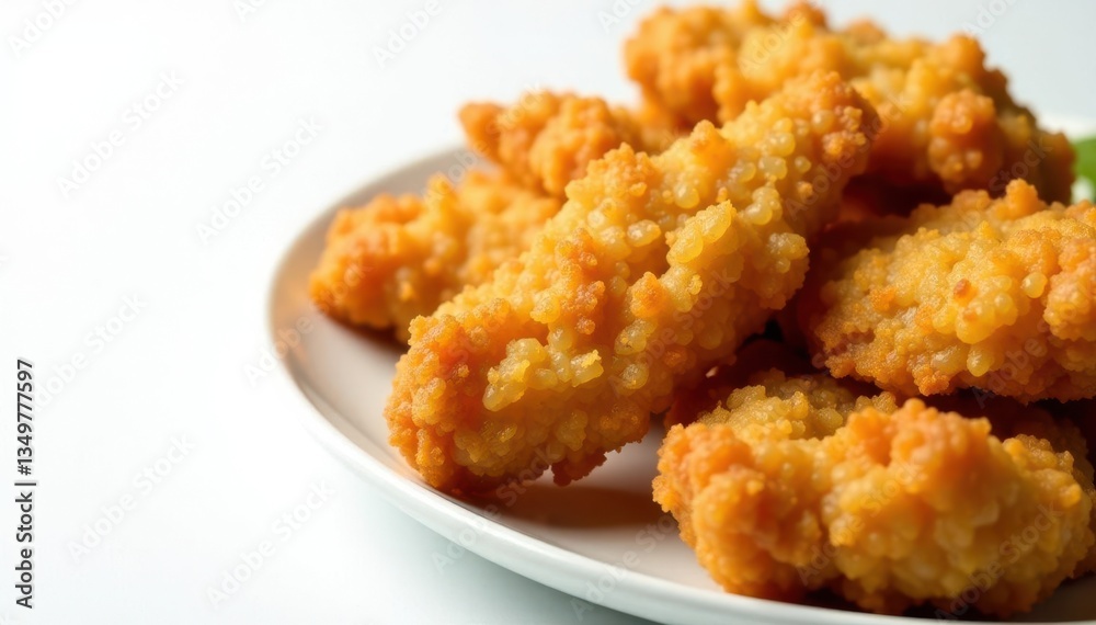 Close-up of crispy fried chicken strips on white , chicken strips, meat Close-up of crispy fried chicken strips on white , chicken strips, meat