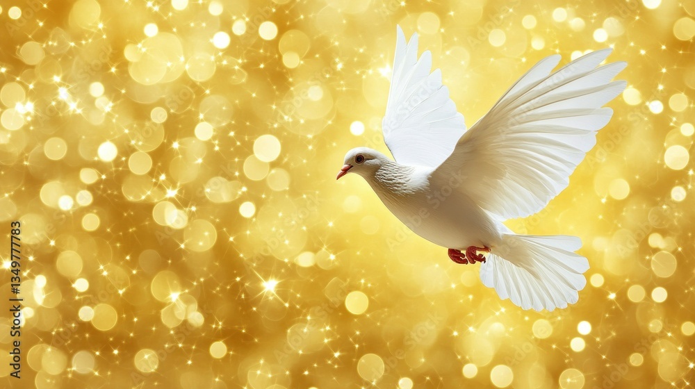 A serene white dove gracefully soaring against a luminous golden backdrop adorned with shimmering bokeh lights symbolizing hope and peace A serene white dove gracefully soaring against a luminous golden backdrop adorned with shimmering bokeh lights symbolizing hope and peace