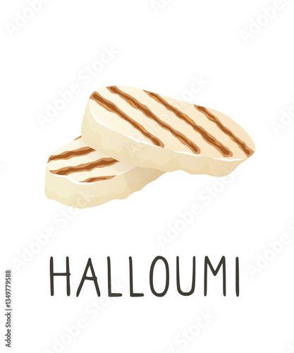 Fried halloumi cheese slices. Organic farm food. Design element, cartoon flat illustration for logo, poster, menu. Isolated on white background. Vector illustration