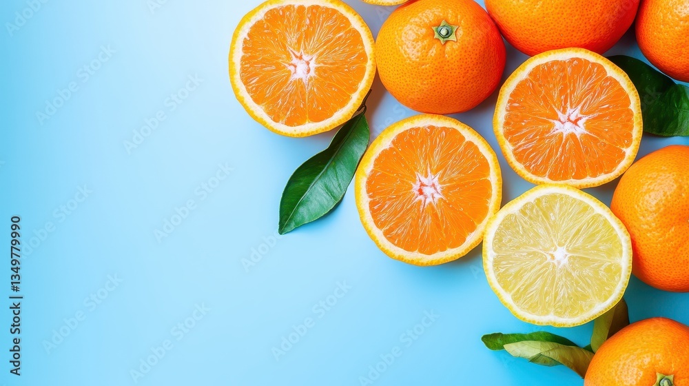 Fototapeta premium Fresh Oranges And Lemons On A Bright Blue Background.