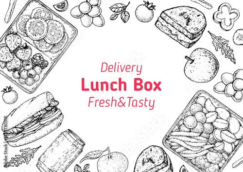 Lunch box frame. Hand drawn vector illustration. Meal box sketch. Top view. Menu design elements, packaging background template.