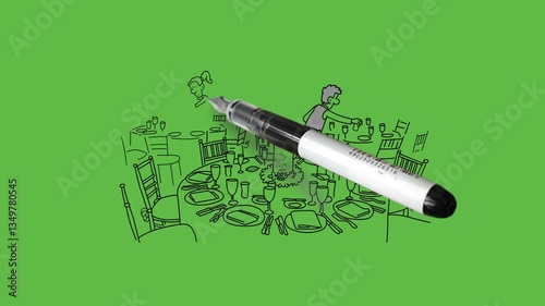 draw scene of restaurant where young man and girl in waiter uniform arrange table and crockery with black outline on abstract green screen background  
