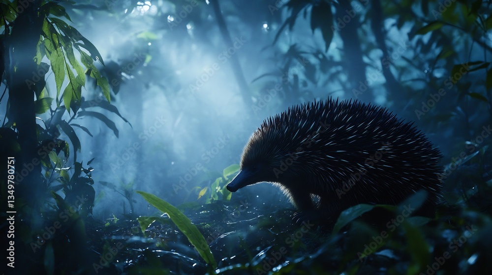 Fototapeta premium Mysterious ambiance of mist laden jungle trail where Western Long Beaked Echidna quietly explores undergrowth partially obscured swirling fog ethereal composition evokes sense of timeless wilderness