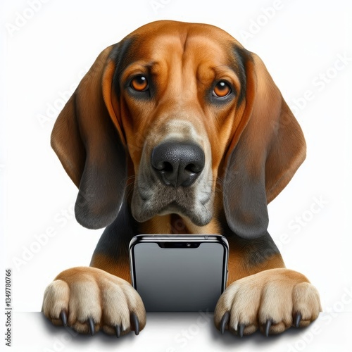 Hound dog attentively uses a mobile phone, showcasing modern canine lifestyle