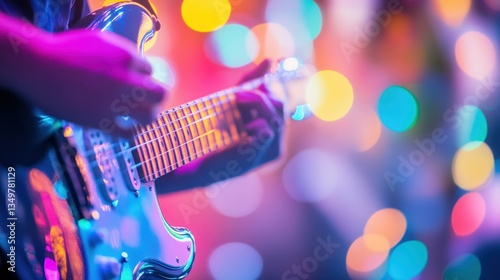 Electric guitar performance under vibrant bokeh lights capturing the essence of musical passion and energetic live music atmosphere