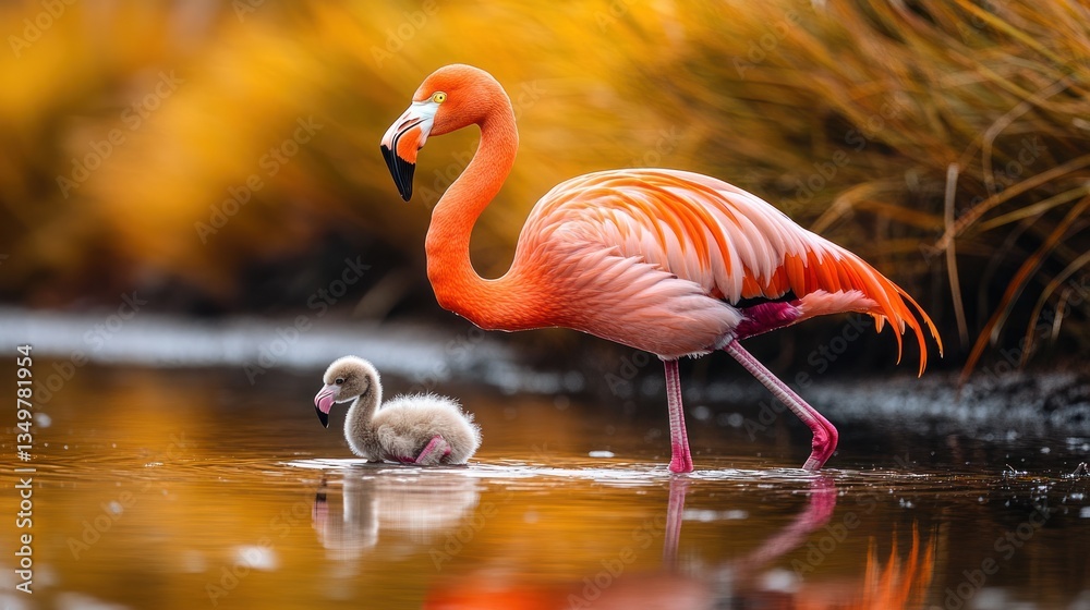 Fototapeta premium Flamingo parent and chick wading in golden water.