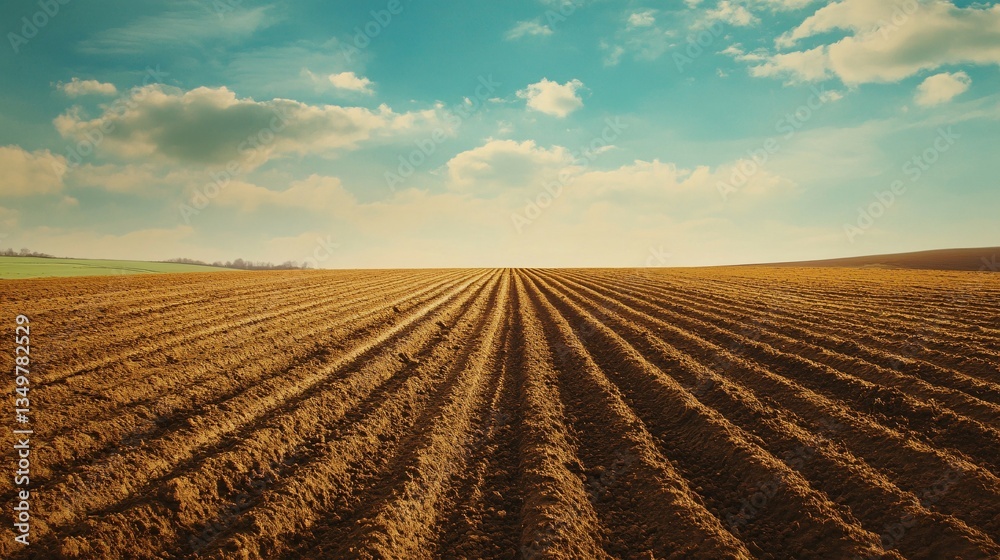 Plowed Field Background with Blue Sky and Golden Soil in Perspective