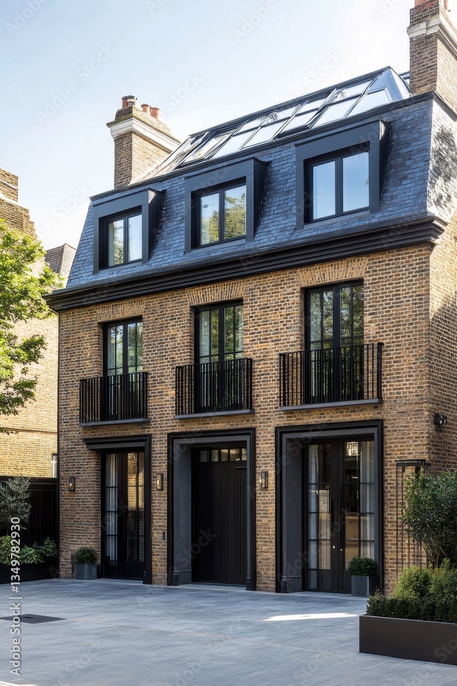 Naklejka premium Discover a luxurious modern house that boasts a stylish design and a sleek exterior, nestled in a peaceful neighborhood beneath the expanse of clear blue skies