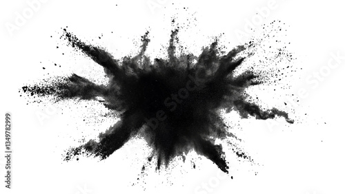 Vector black powder explosion on transparent white background. Black powder explosion, white background, dramatic effect,