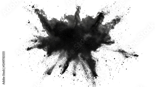 Vector black powder explosion on transparent white background. Black powder explosion, white background, dramatic effect,